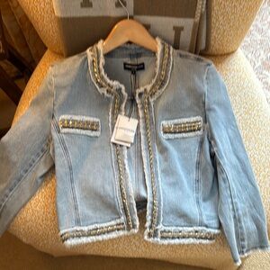 Generation Love Tweed-Trimmed Denim Jacket with Gold Accents